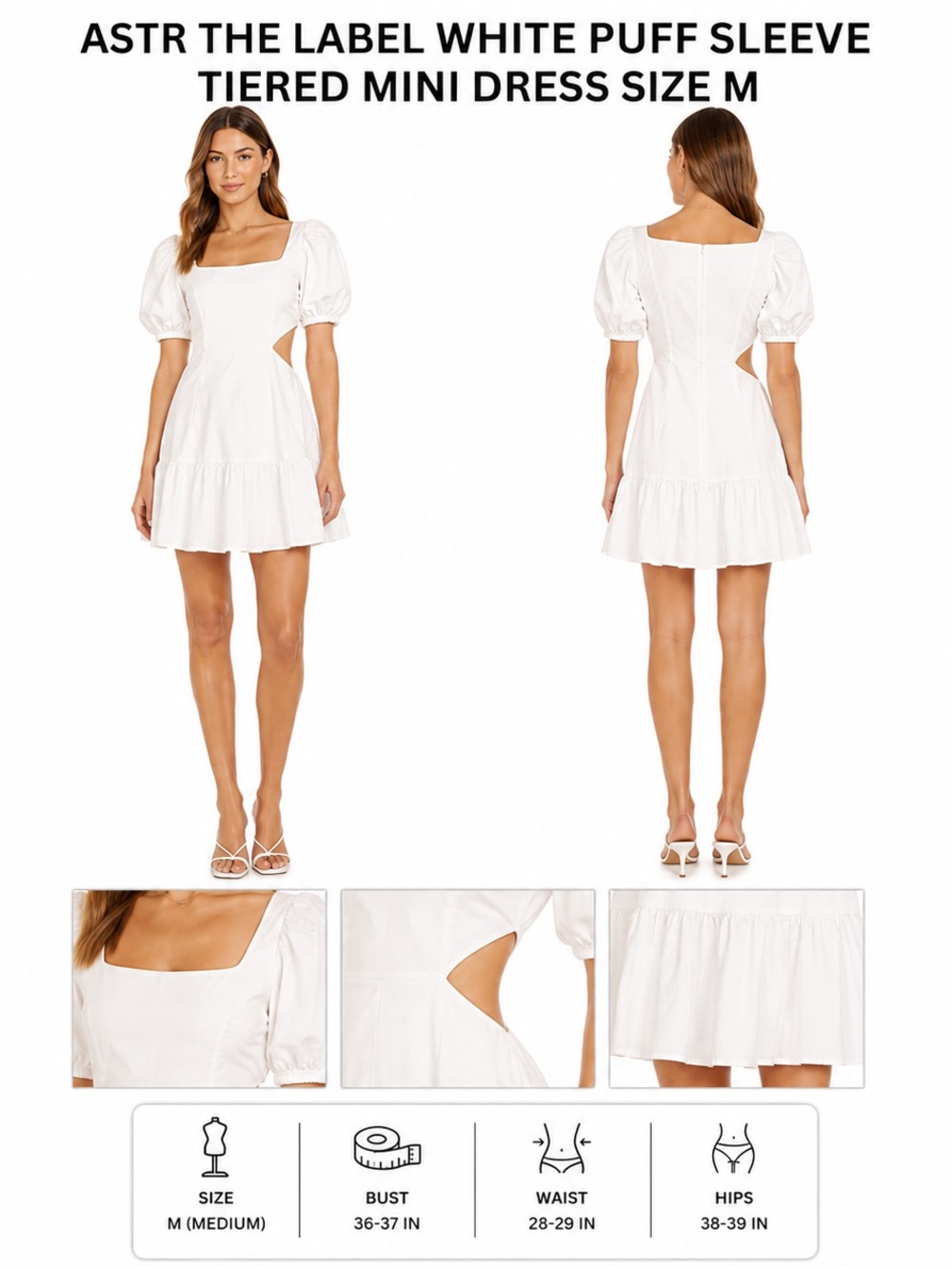 ASTR THE LABEL WHITE PUFF SLEEVE TIERED MINI DRESS SIZE M